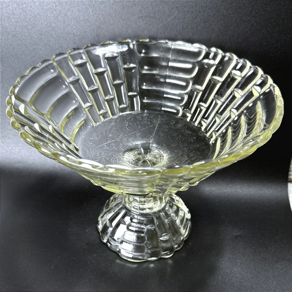 Jeannette Glass Louisa Clear Footed Compote Fruit Bowl Basket Weave Cottagecore